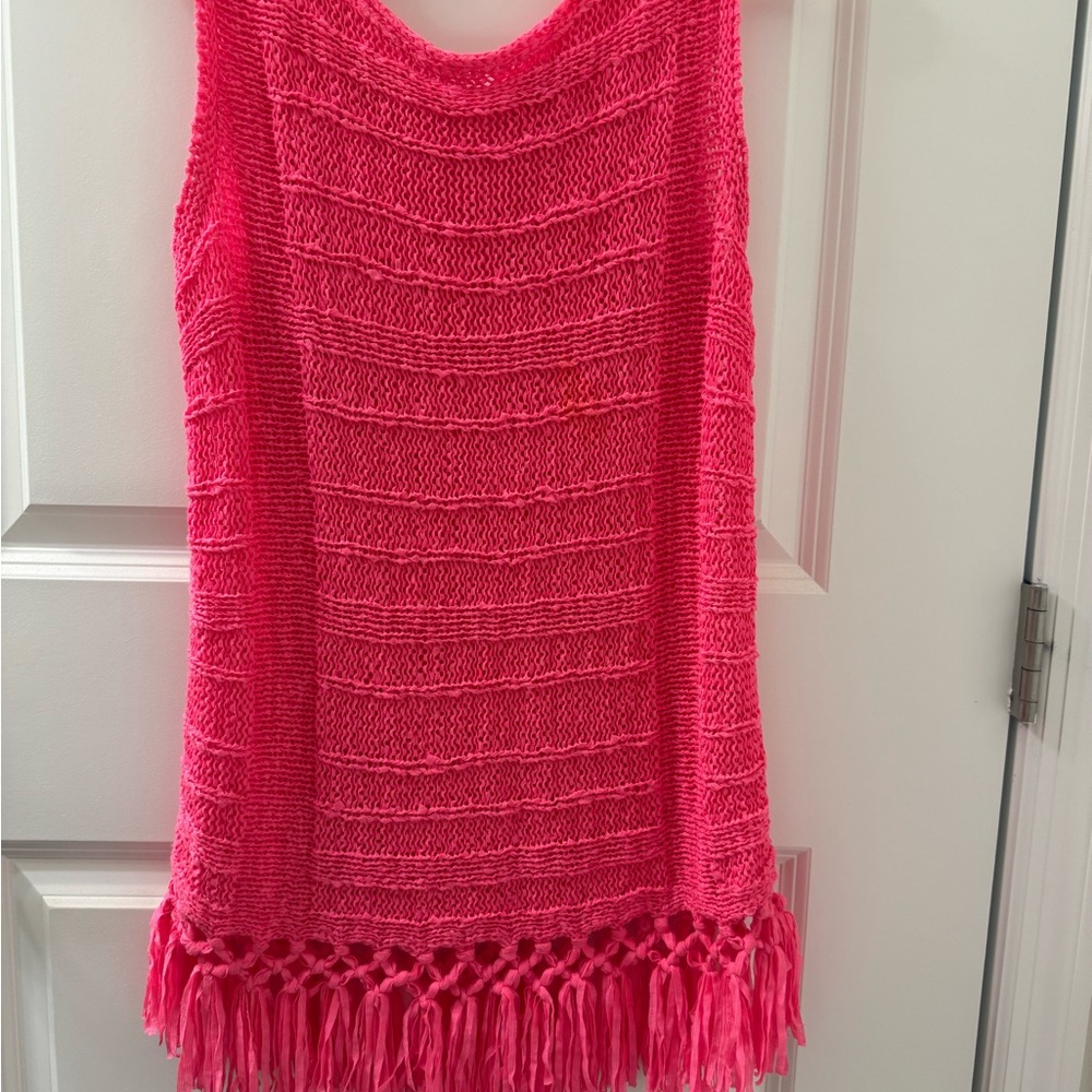 Lilly Pulitzer Hot Pink Fringe Knit Sweater Tank Top Sleeveless